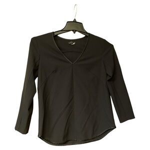 Club Monaco Womens Black V Neck Fitted Blouse Top Long Sleeve Satin Trim Size XS